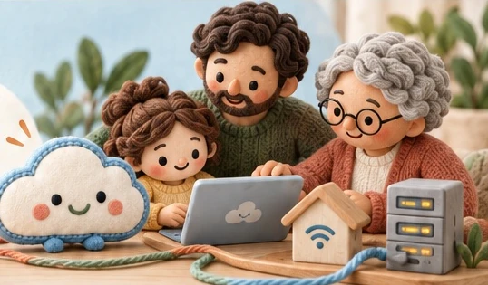 A felt family (a child, a parent and a grandmother) gathered around a laptop with a Mister Cloud plush, a little house with a Wi-Fi sign, and a server.