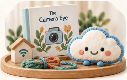 The Camera Eye board book, a Mister Cloud plush and a little Wi-Fi house on a wooden tray.