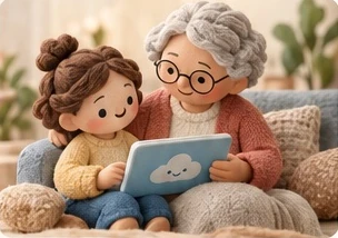 A grandmother and child reading a tablet together on the sofa.