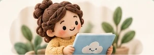 A felt child holding a tablet with a cloud on it.
