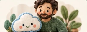 A felt parent holding a Mister Cloud plush.