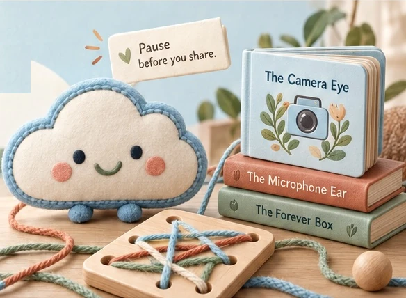 A felt Mister Cloud plush beside a stack of board books (The Camera Eye, The Microphone Ear, The Forever Box), a wooden yarn lacing board, and a sign reading “Pause before you share.”