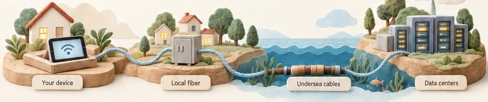 A felt diorama of a message’s journey: your device at home, local fiber, undersea cables across the ocean, and data centers.