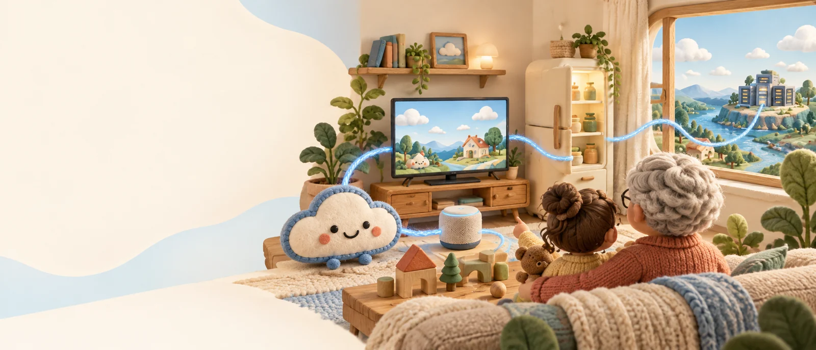 A felt living room: Mister Cloud, a TV, a smart speaker and a fridge are linked by glowing threads that run out the window to a data center, while a child and grandmother watch.