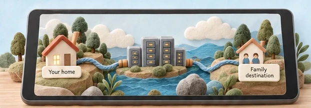 A tablet showing a felt landscape: a message travels from “Your home” across the sea to a “Family destination.”