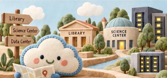 A felt Mister Cloud holding a map beside signposts to the Library, Science Center and Data Center.