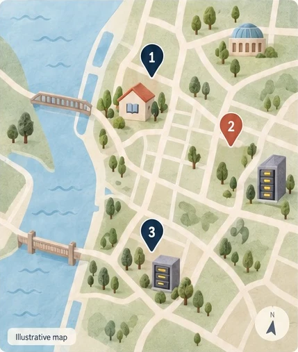 Illustrative neighborhood map with three numbered pins: a library, a networks lab and a data center.
