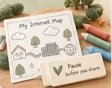 A hand-drawn “My Internet Map” with crayons and a “Pause before you share” card.