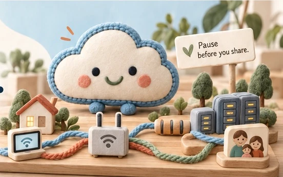 A felt play-set: Mister Cloud beside a little house, a router, cables, a server and a family photo, with a sign that reads “Pause before you share.”