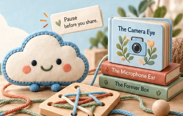 A felt Mister Cloud plush with a stack of board books, a yarn lacing board and a “Pause before you share” sign.
