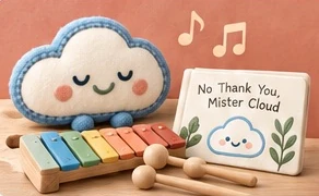 A felt Mister Cloud beside a toy xylophone and a card reading “No Thank You, Mister Cloud.”